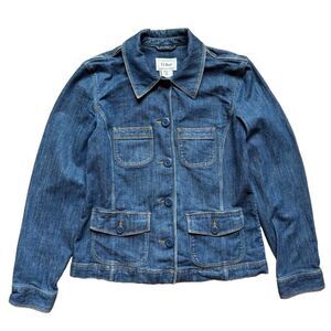 LL Bean Denim Jean Jacket Blazer Womens Size XS Blue Button-Up Stretch